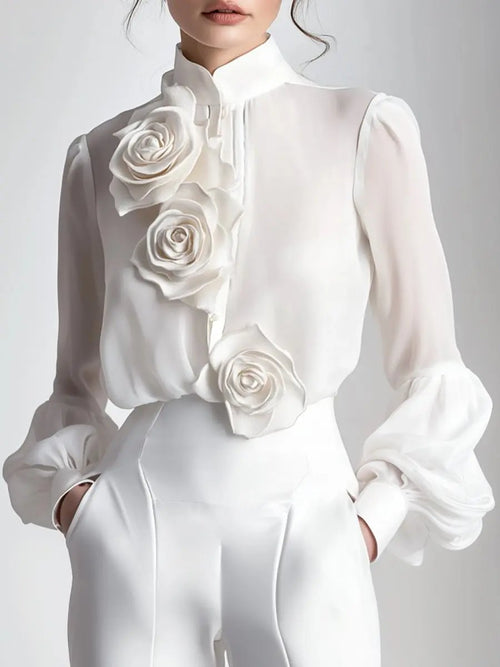 Modern White 3D Rose Applique - Women's Blouse CAAYWORLD