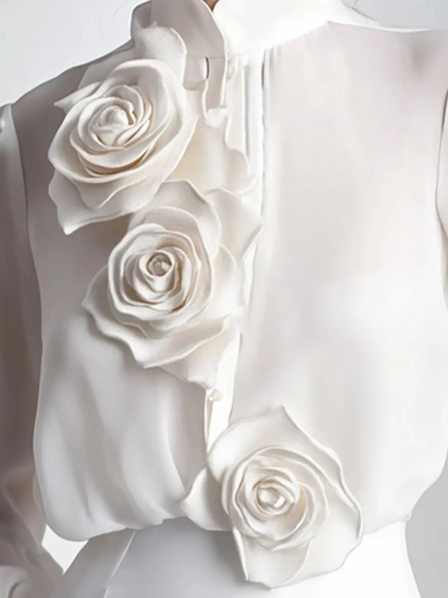 Modern White 3D Rose Applique - Women's Blouse CAAYWORLD