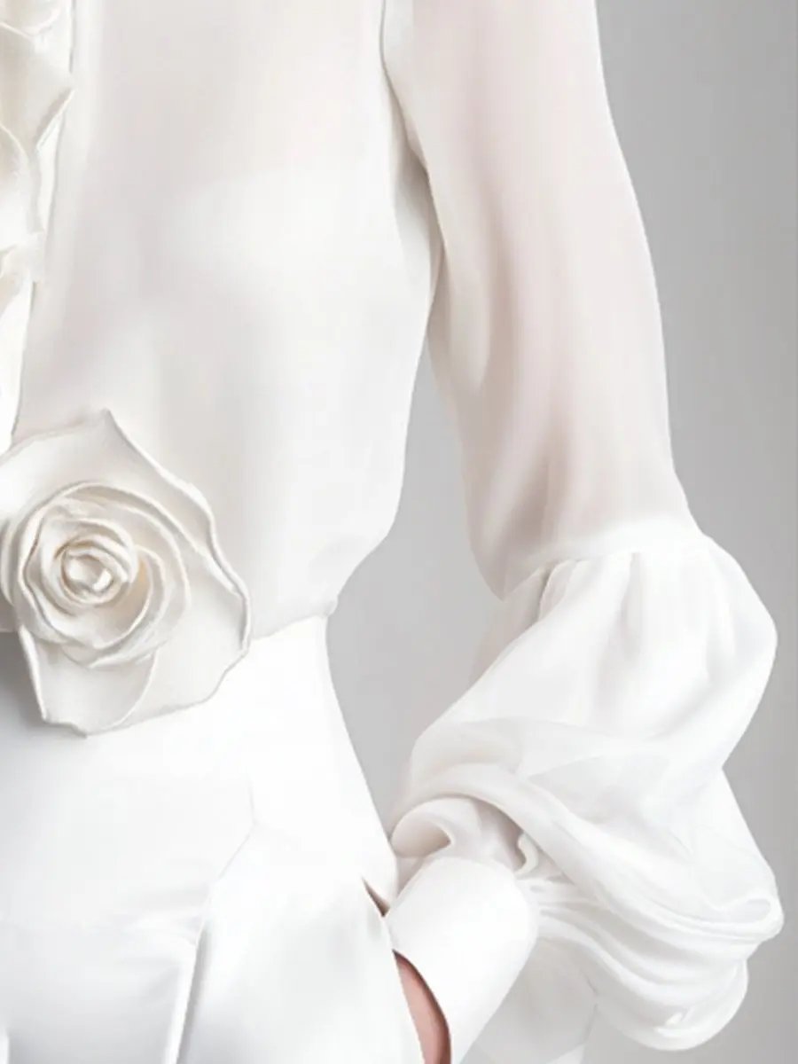 Modern White 3D Rose Applique - Women's Blouse CAAYWORLD