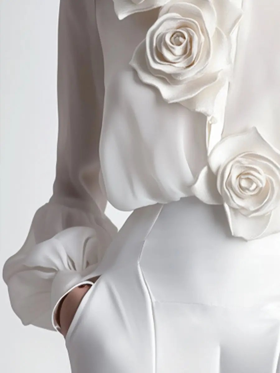 Modern White 3D Rose Applique - Women's Blouse CAAYWORLD