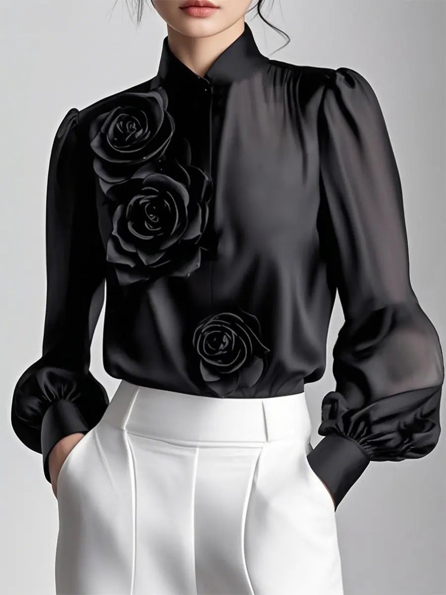 Modern White 3D Rose Applique - Women's Blouse CAAYWORLD