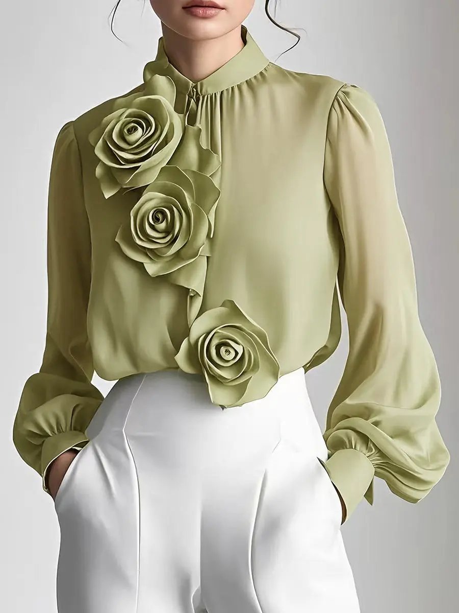Modern White 3D Rose Applique - Women's Blouse CAAYWORLD
