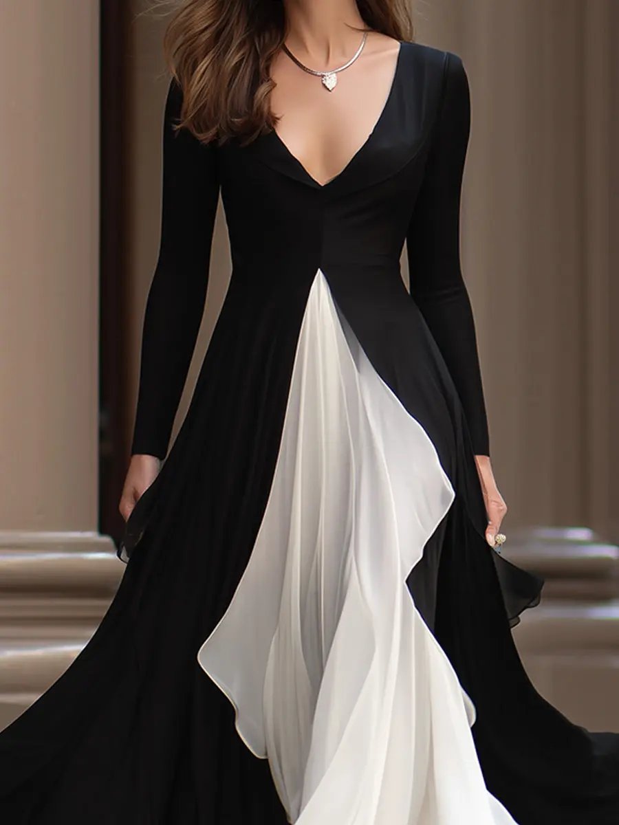 Monochrome Flowing Contrast-Panel Evening Gown - Maxi Dress CAAYWORLD