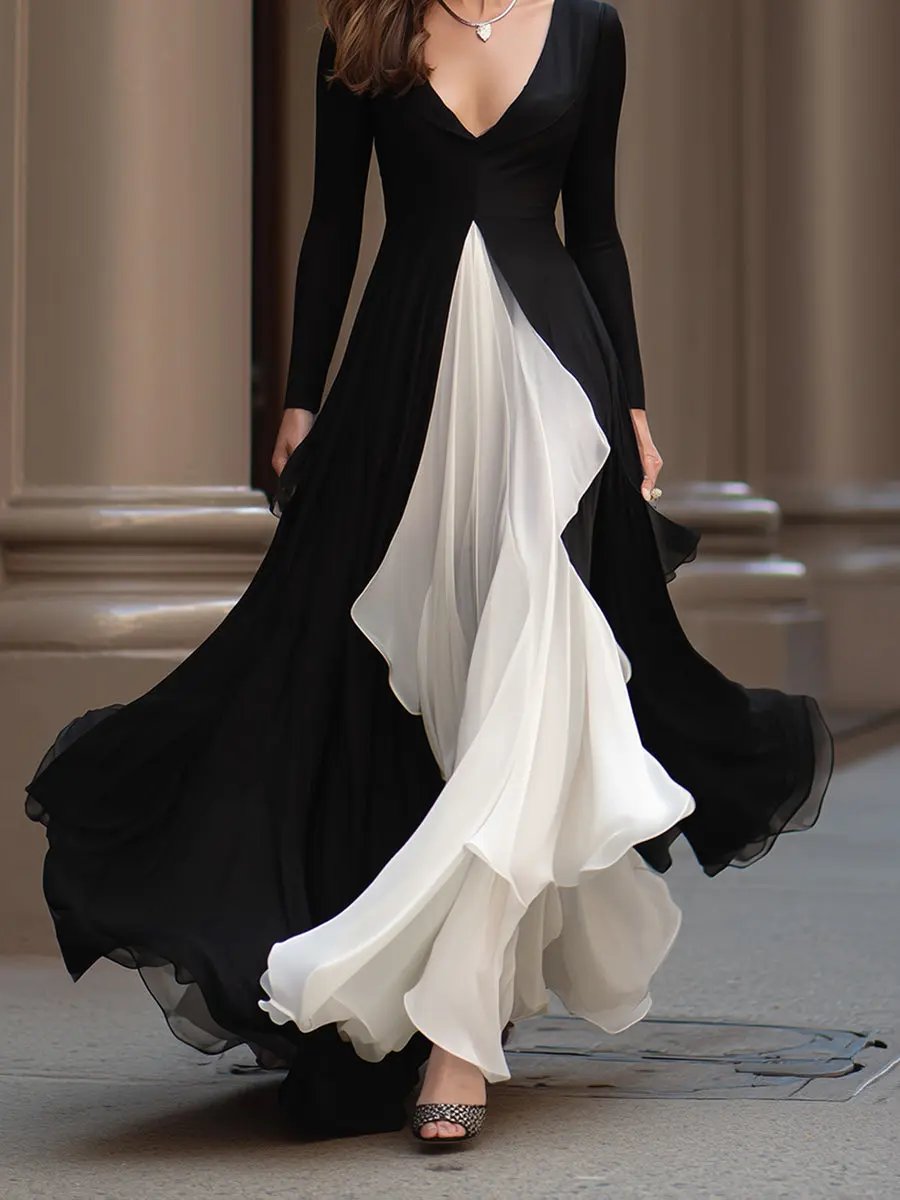 Monochrome Flowing Contrast-Panel Evening Gown - Maxi Dress CAAYWORLD