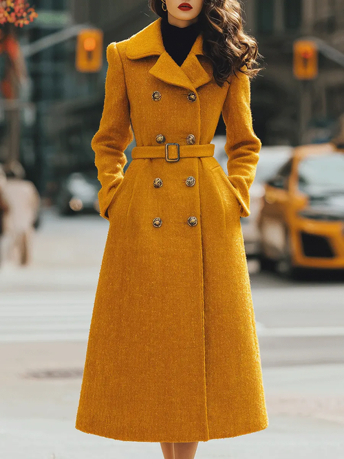 Mustard Double-Breasted Belted Coat-Style - Midi Dress CAAYWORLD