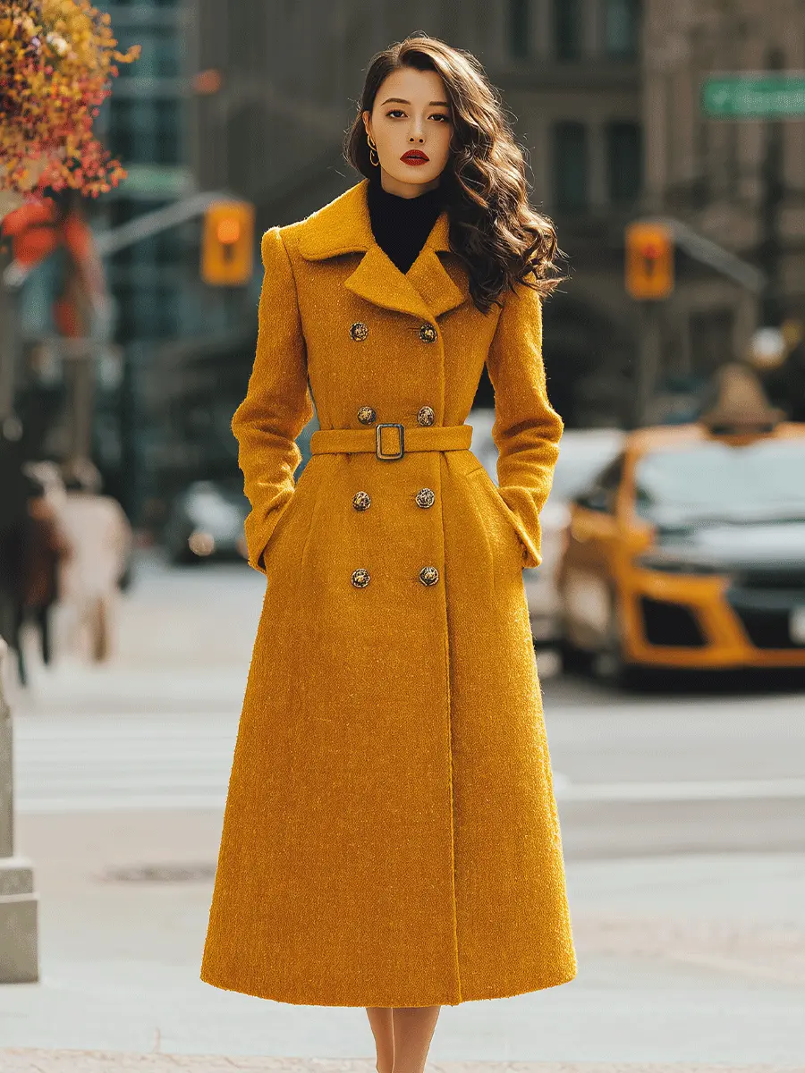 Mustard Double-Breasted Belted Coat-Style - Midi Dress CAAYWORLD