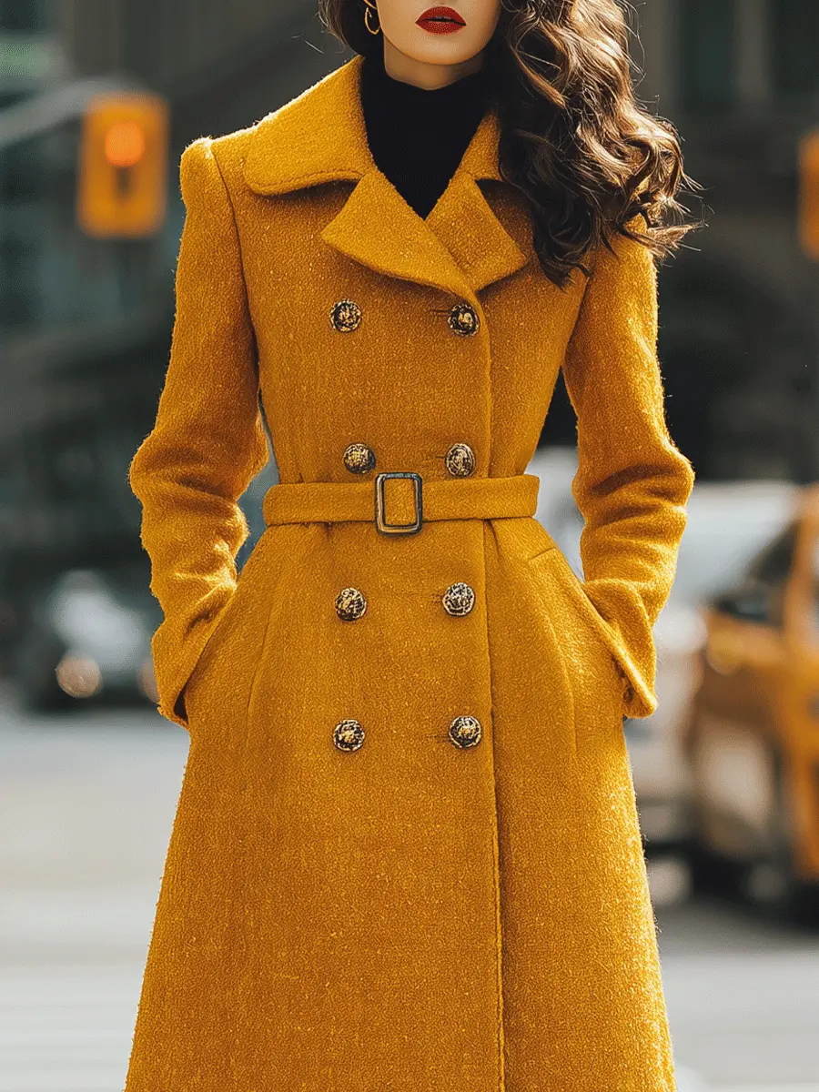 Mustard Double-Breasted Belted Coat-Style - Midi Dress CAAYWORLD