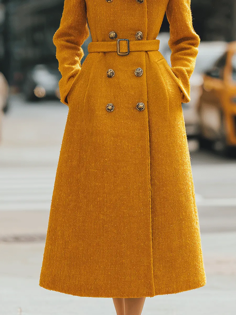 Mustard Double-Breasted Belted Coat-Style - Midi Dress CAAYWORLD