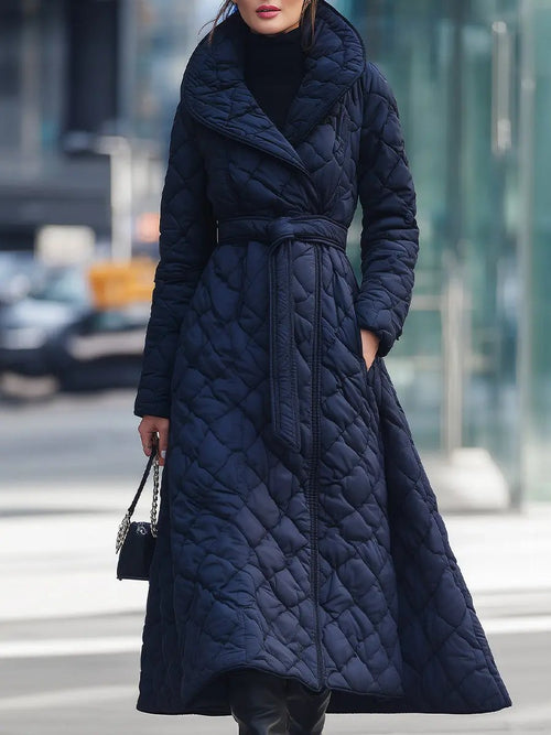 Navy Quilted Belted Wrap - Long Coat CAAYWORLD