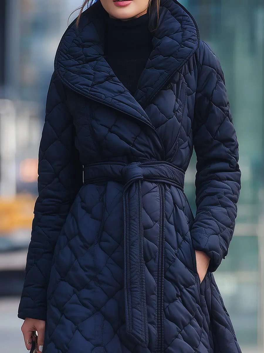 Navy Quilted Belted Wrap - Long Coat CAAYWORLD