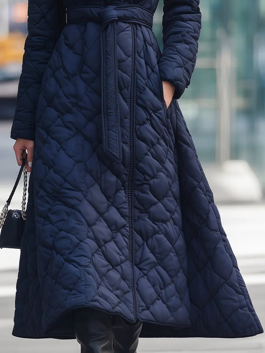 Navy Quilted Belted Wrap - Long Coat CAAYWORLD