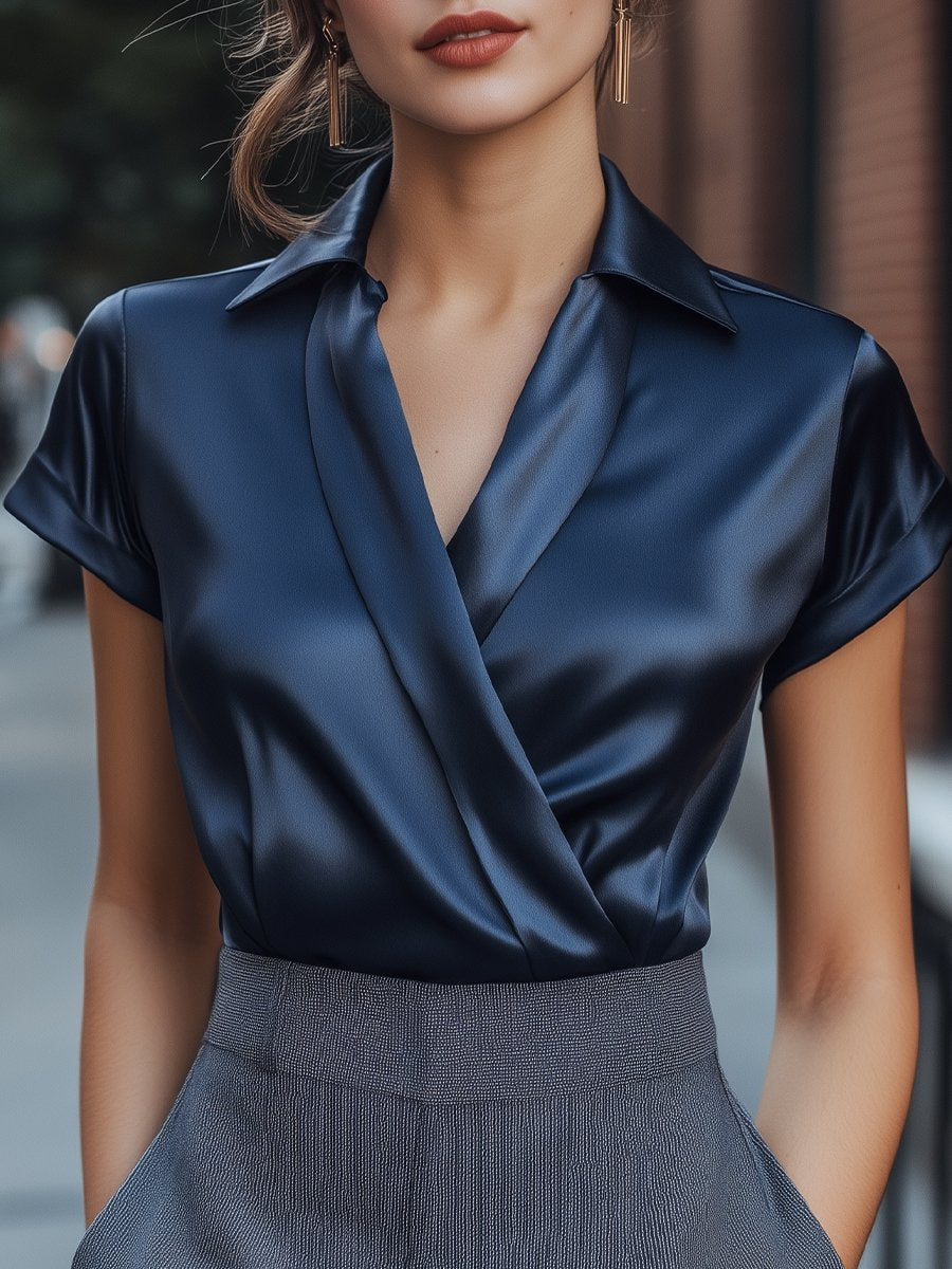 Navy Satin Short-Sleeve Wrap Blouse HWT