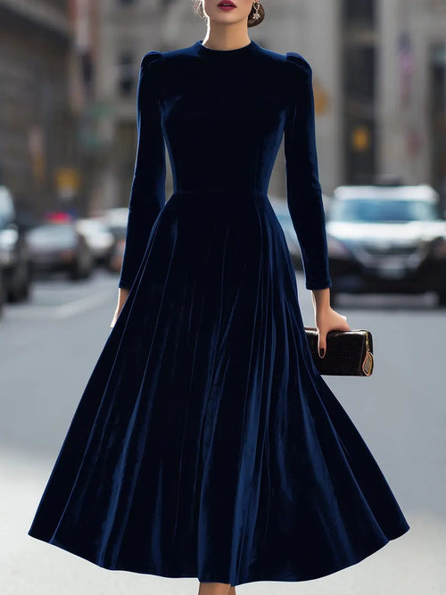 Navy Velvet Long-Sleeve Luxe - Midi Dress CAAYWORLD