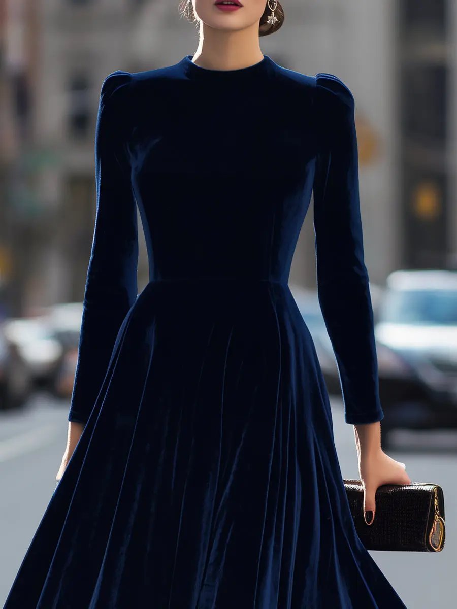 Navy Velvet Long-Sleeve Luxe - Midi Dress CAAYWORLD