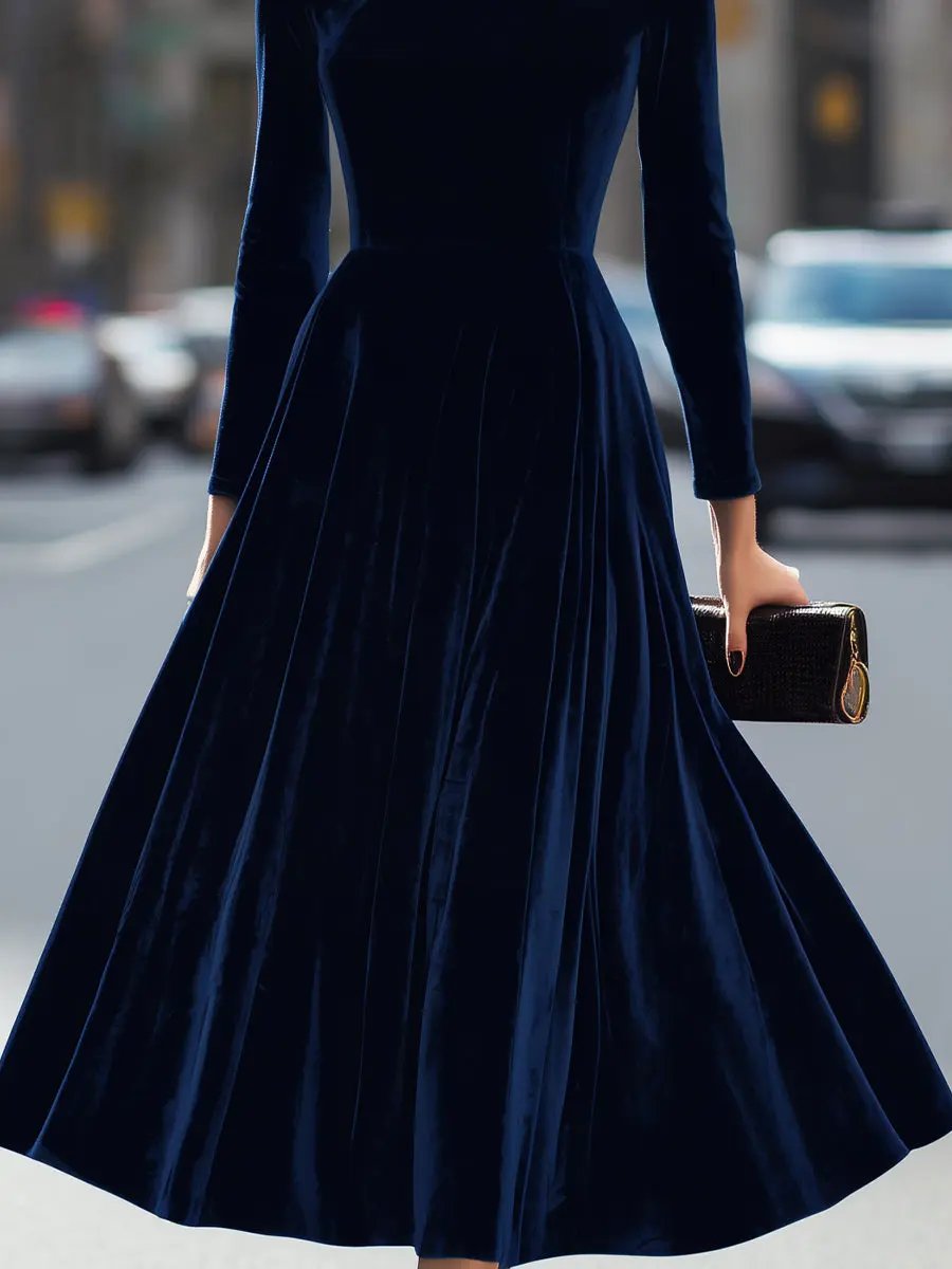 Navy Velvet Long-Sleeve Luxe - Midi Dress CAAYWORLD