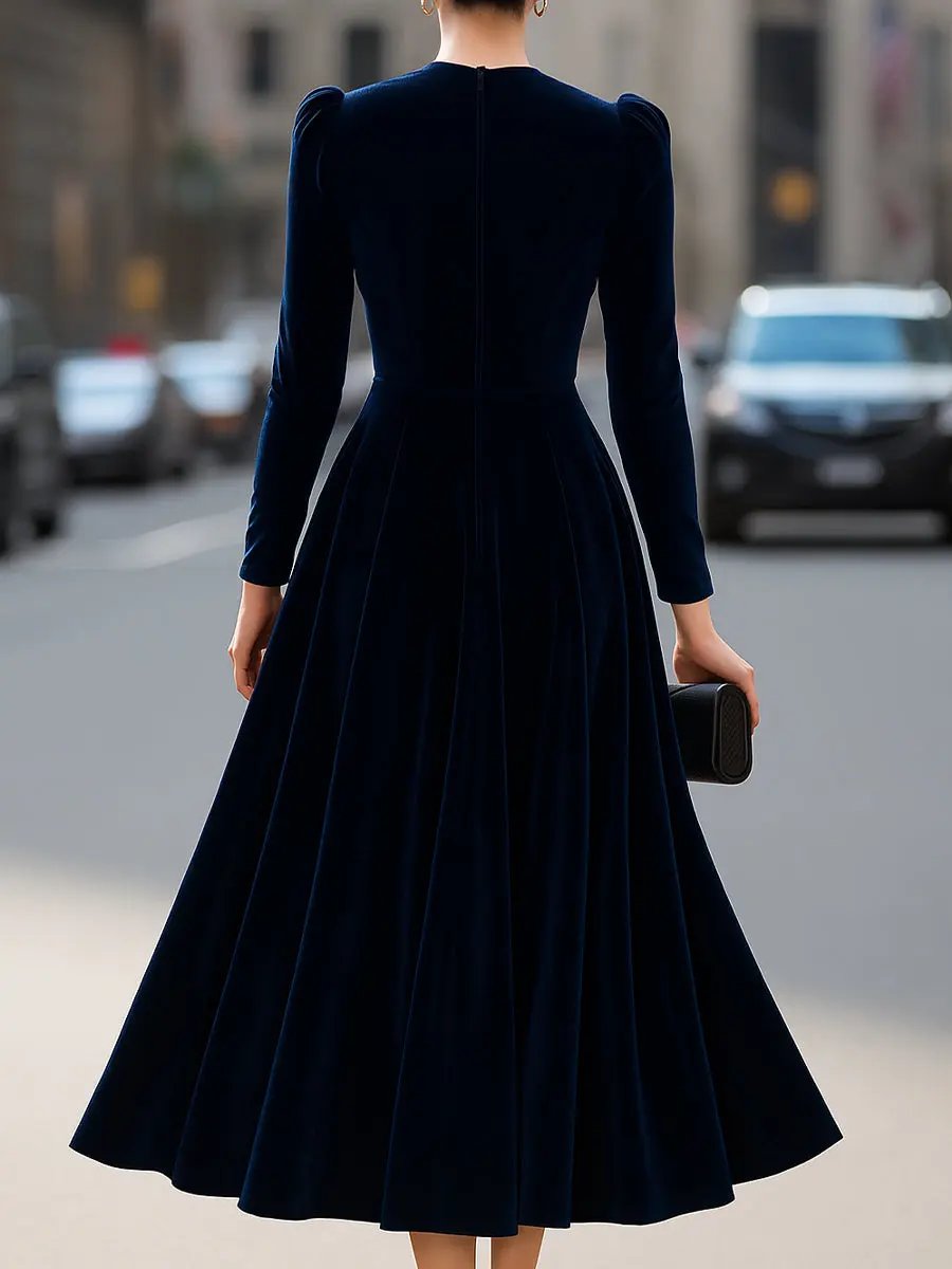 Navy Velvet Long-Sleeve Luxe - Midi Dress CAAYWORLD
