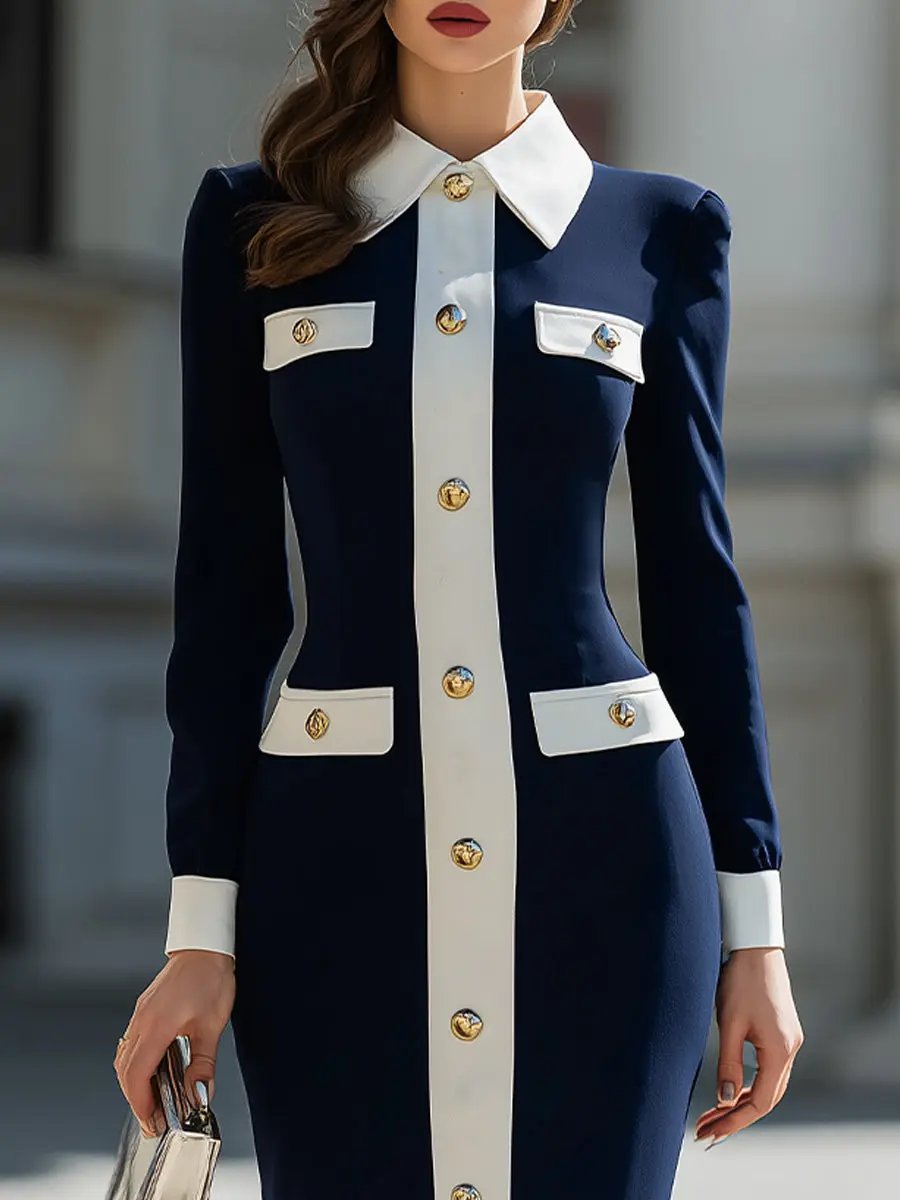 Navy & White Contrast Button-Front Shirt Dress - Midi Dress CAAYWORLD
