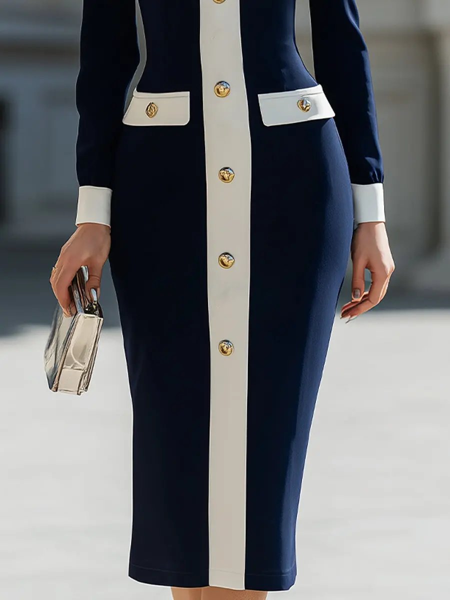 Navy & White Contrast Button-Front Shirt Dress - Midi Dress CAAYWORLD