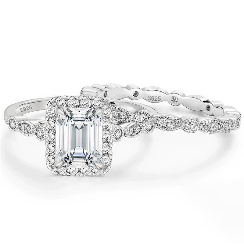 2.0 CT Emerald Cut Halo Sterling Silver Ring Set Carly Jewelry
