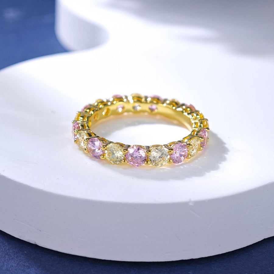 Yellow and Pink Gemstone Sterling Silver Eternity Wedding Band in Golden Tone shine of diamond