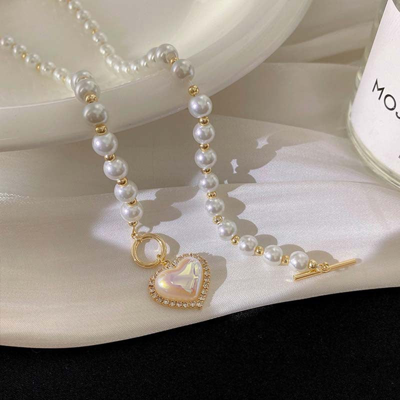 Elegant Pearl Heart Pendant Necklace Shine of Diamond