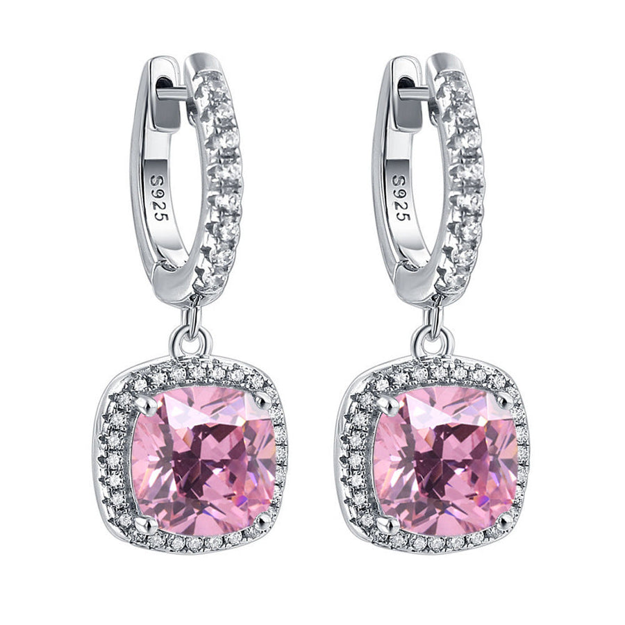 Birthstone Cushion Cut Halo Sterling Silver Drop Earrings Shineofdiamond