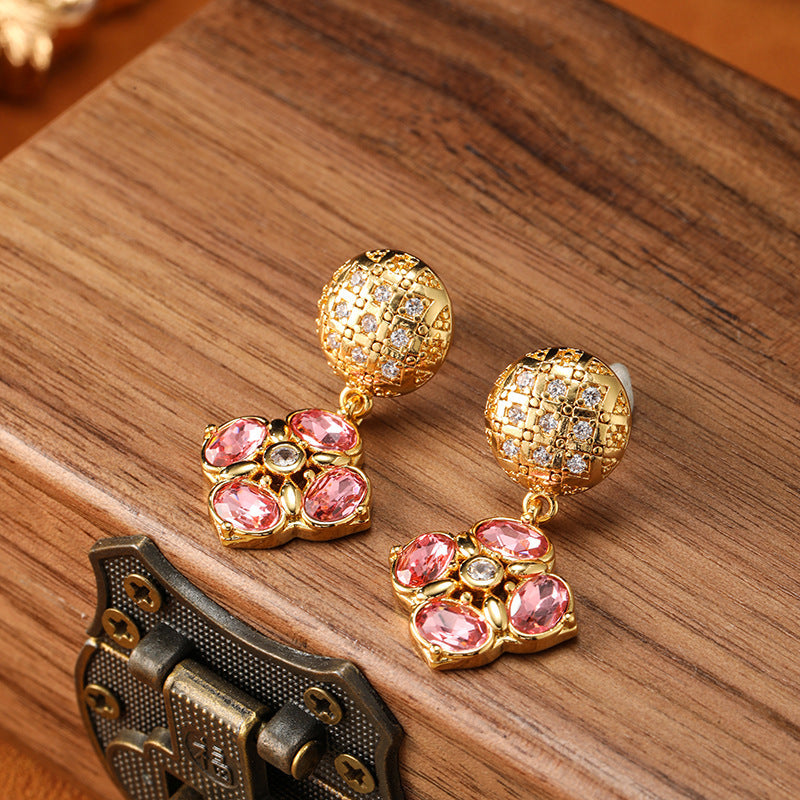 Vintage Pink Flower Design Golden Tone Drop Earrings Carly Jewelry