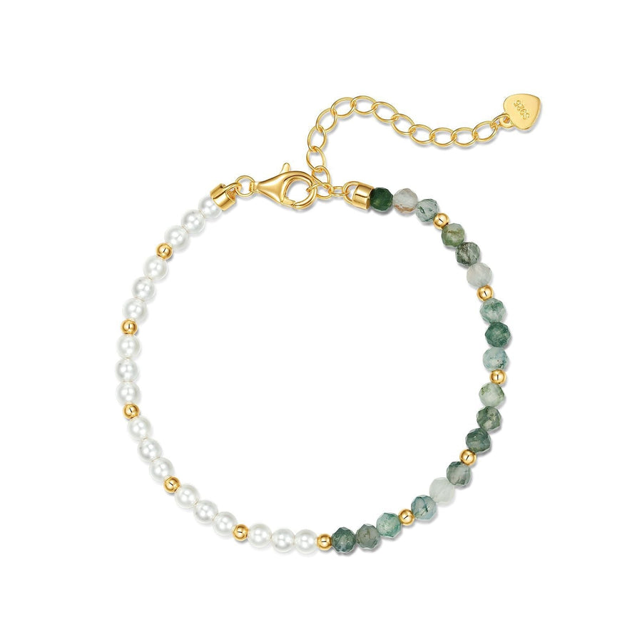 Natural Water Grass Agate with Pearls Sterling Silver Bracelet Shine of Diamond