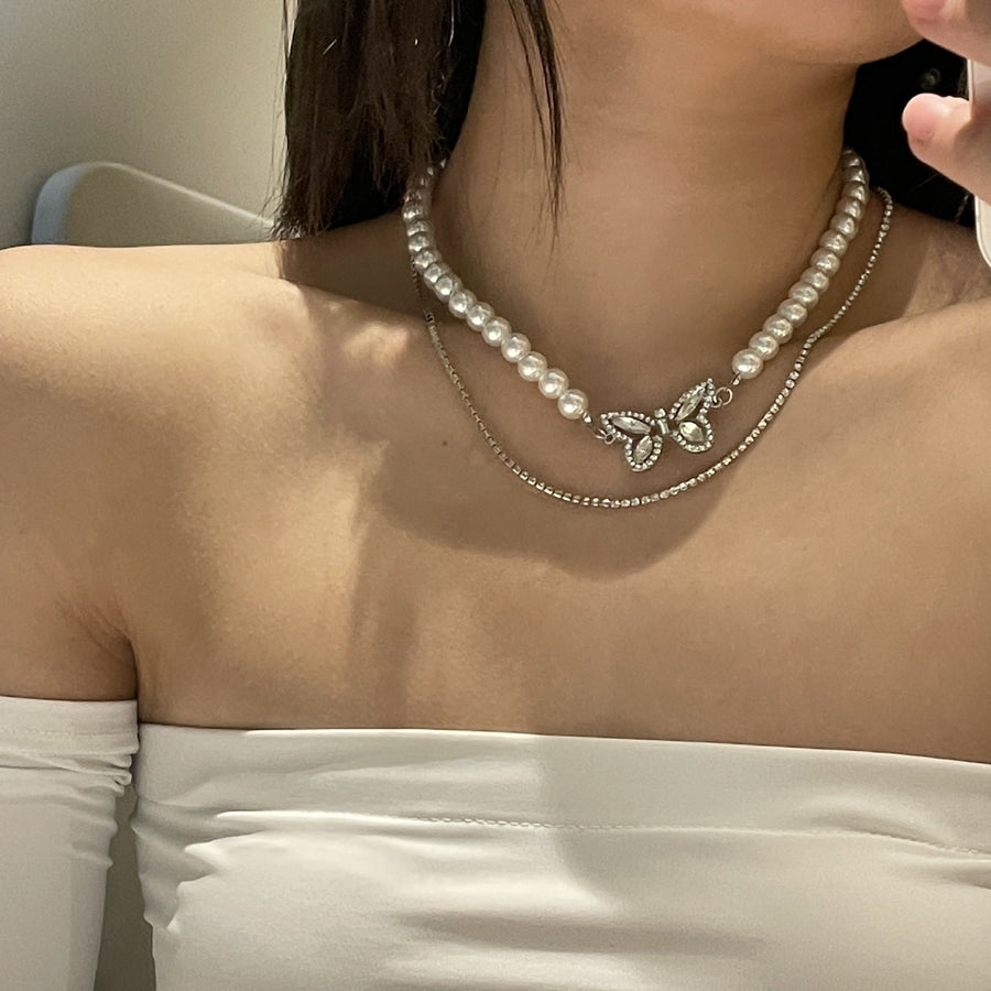 Butterfly Design Pearl Double Layered Choker Dazzleyesjewelry