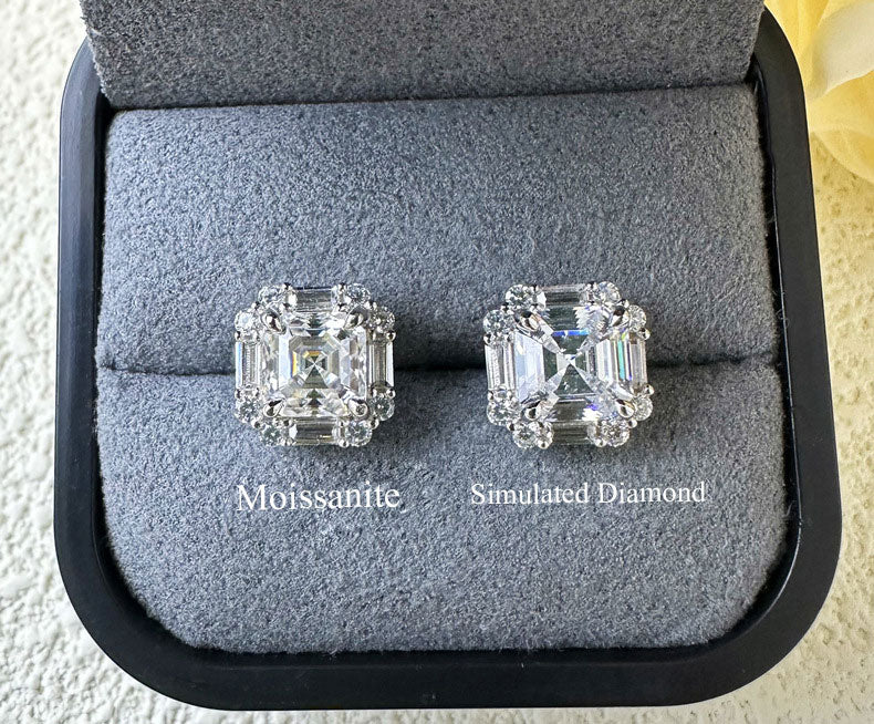 Asscher Cut Moissanite Silver Stud Earrings Shine of Diamond