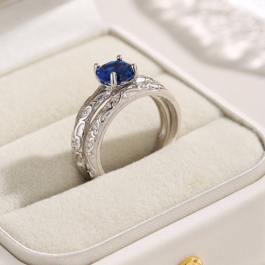 Vintage 2 Pcs Blue Round Cut Ring Set Shine of Diamond
