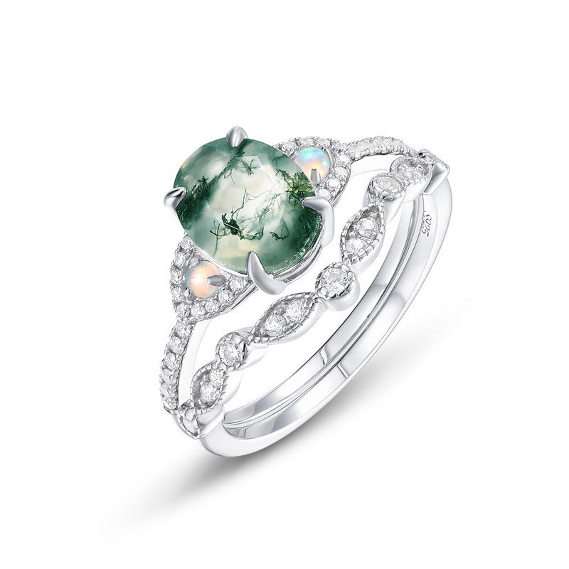 2 Pcs Natural Green Moss Agate Ring Set For Women Carly Jewelry