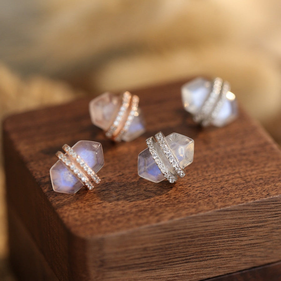 Unique Design Moon Stone Sterling Silver Stud Earrings Carly Jewelry
