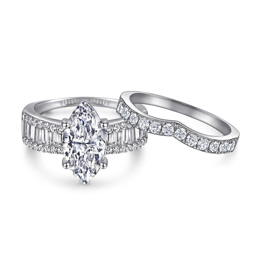 2pcs Marquise Cut Engagement Ring Set With Curved Band Shine of Diamond