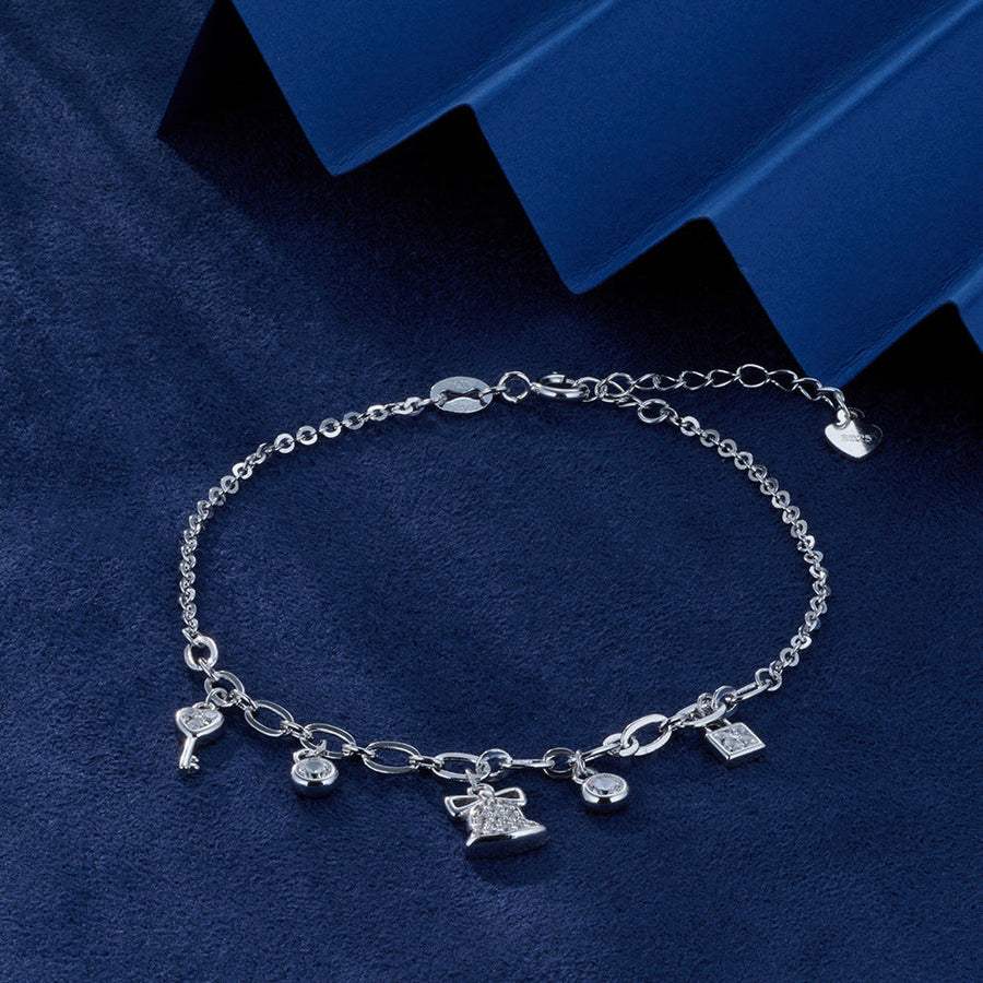 925 Sterling Silver Creative Bell and Key Christmas Bracelet for Women Shine of Diamond