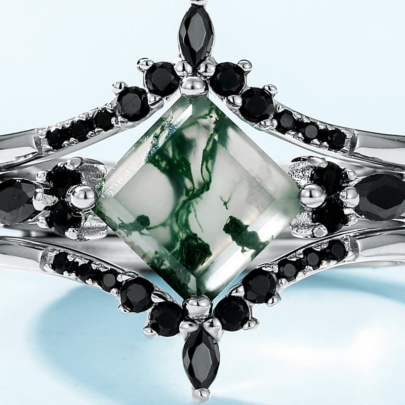 3 Pcs Geometric Natural Black And Green Moss Agate Ring Set Carly Jewelry