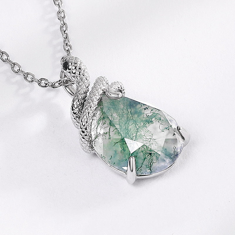 Snake Coiled Natural Green Moss Agate Pendant Necklace Carly Jewelry