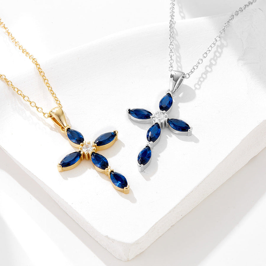 Luxury Blue Cross Design Sterling Silver Necklace Shine of Diamond