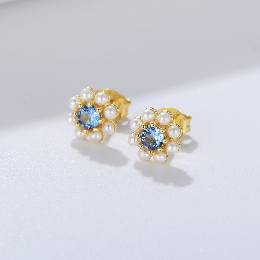 Blue Flower Design Pearls Stud Earrings Carly Jewelry
