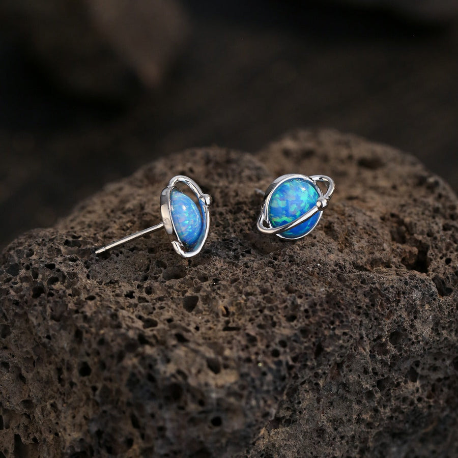 Retro Blue Earth Design Opal Stud Earrings Carly Jewelry