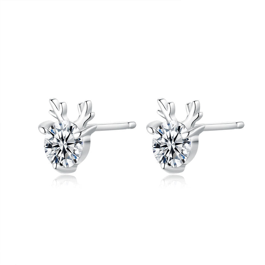 Cute Antler Reindeer Design Moissanite Silver Earrings Shine of Diamond