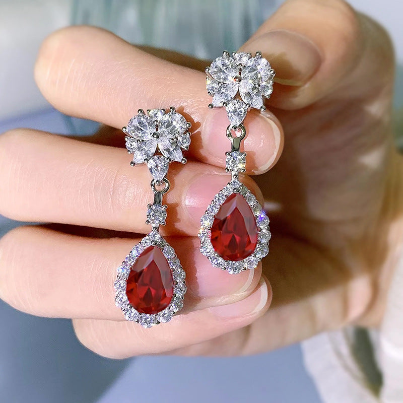 Luxury Ruby Stone Sterling Silver Drop Earrings shine of diamond