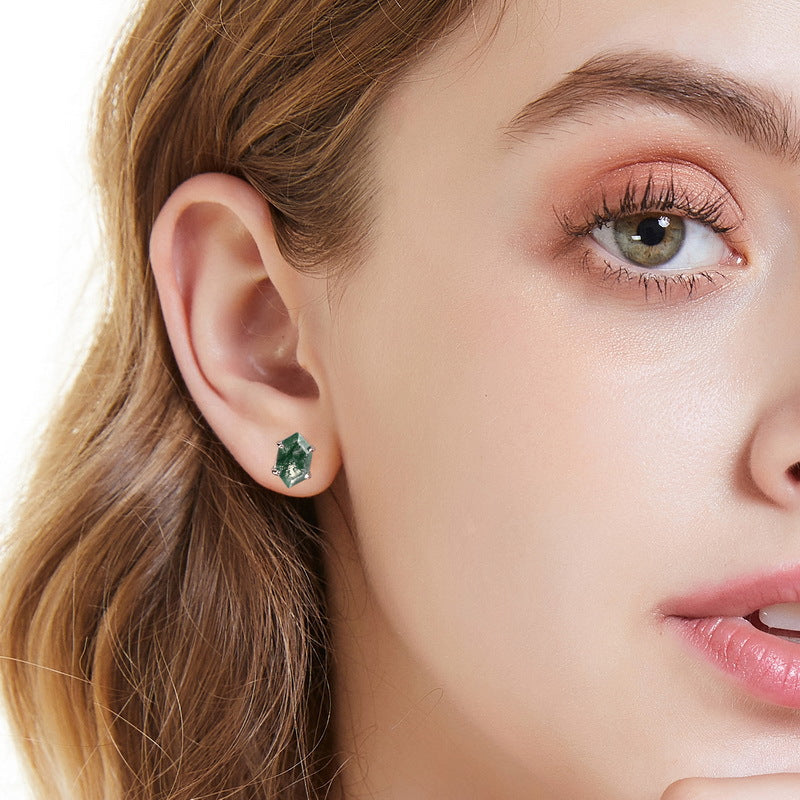 Geometric Green Moss Agate Sterling Silver Stud Earrings Carly Jewelry