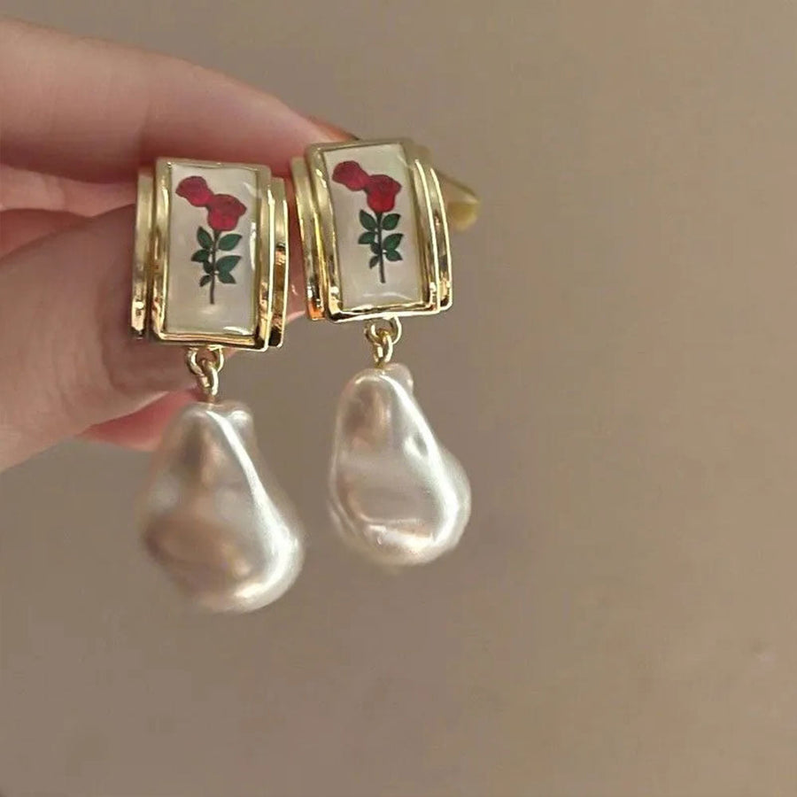 Vintage Red Rose Pearl Drop Earrings Dobrilajewelry