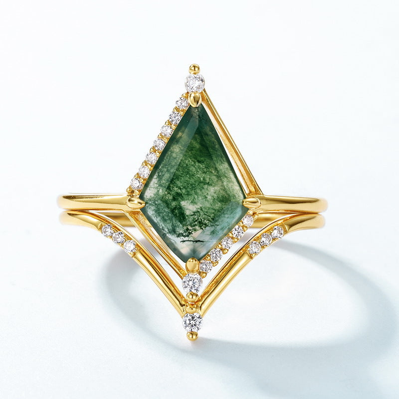 Geometric Natural Green Moss Agate Ring Set Carly Jewelry