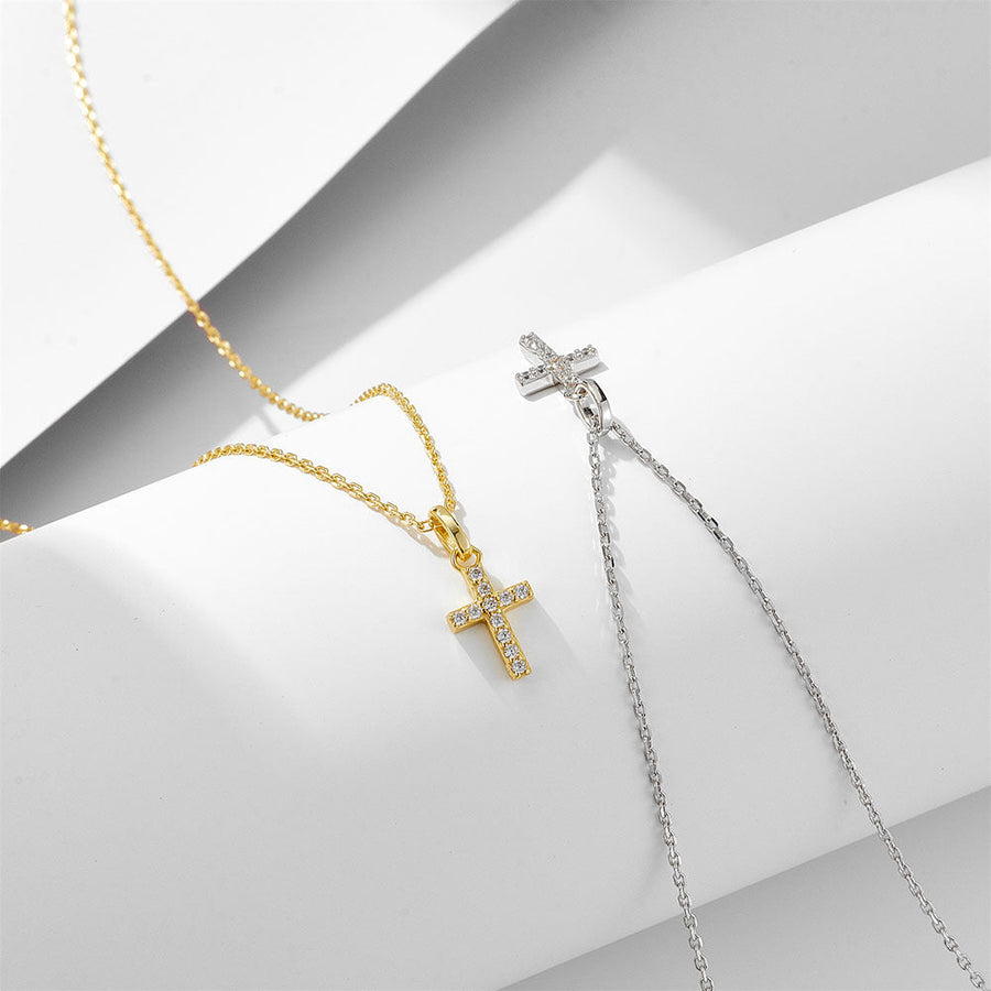 Paved Cross Design Sterling Silver Necklace Shine of Diamond