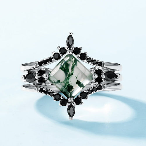3 Pcs Geometric Natural Black And Green Moss Agate Ring Set Carly Jewelry