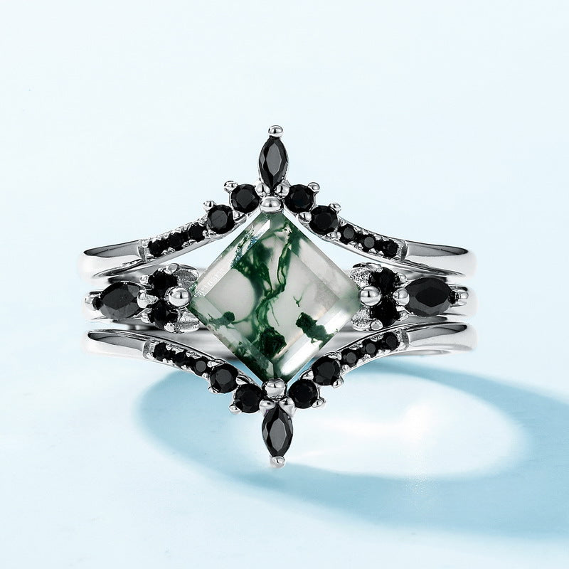3 Pcs Geometric Natural Black And Green Moss Agate Ring Set Carly Jewelry