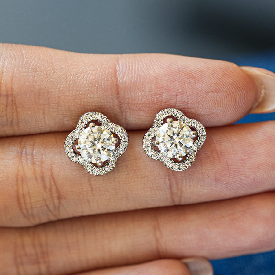 Moissanite Clover Halo Stud Earrings in 925 Sterling Silver Shine of Diamond