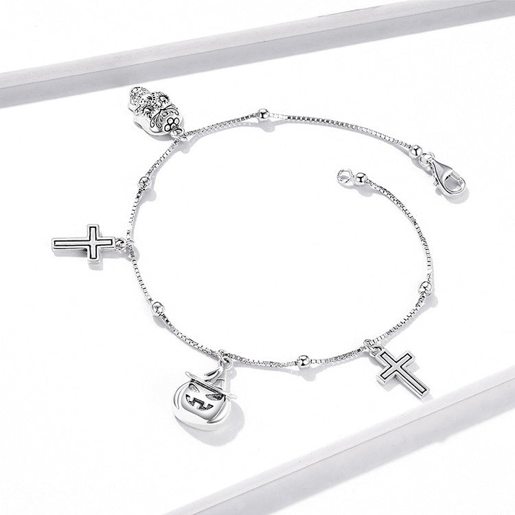 Halloween ‌‌Skeleton Cross Pumpkin Sterling Silver Bracelet shine of diamond
